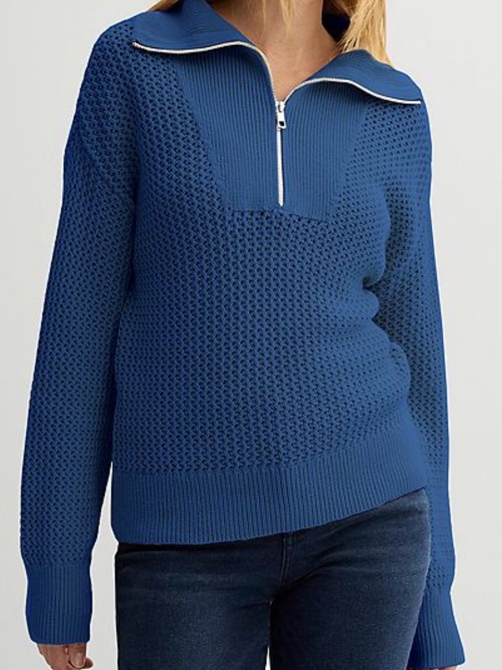 Blue Open Knit 1/4 Zip-Funnel Neck/Polo Collar- sz L Coastal Grandma Resortwear